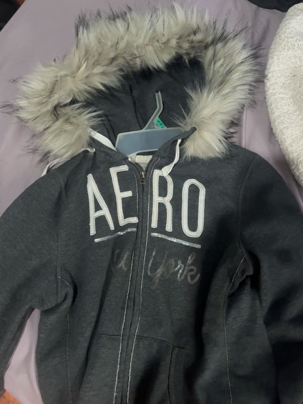 Aeropostale Charcoal Gray Girls Hooded Zip Sweatshirt with Faux Fur Trim